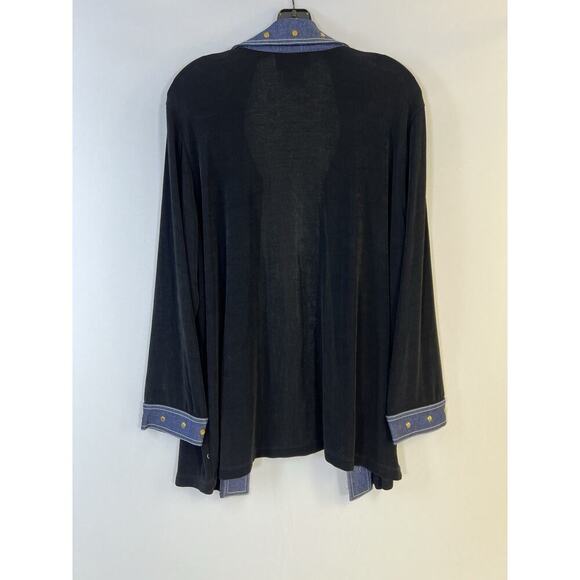 VTG SLINKY BRAND Open Cardigan Top Womens XL Made in USA Long Sleeve Black/Denim - Picture 7 of 11